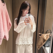 2025温柔百搭蕾丝拼接长袖 partysu韩国正品 代购 T恤女宽松上衣