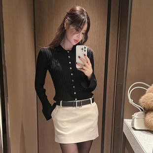 partysu韩国正品代购2025翻领单排扣设计针织衫修身显瘦长袖毛衣