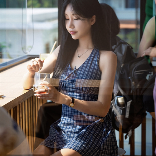 韩国正品代购夏季新款 甜美风元气减龄系带挂脖格纹收腰A字短裙
