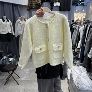 BLOOM韩国正品代购2025针织开衫女短款圆领单排扣毛衣外套气质
