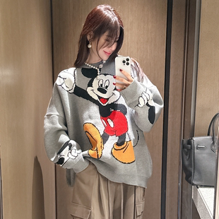 partysu韩国正品代购2025冬季新款圆领米奇卡通女套头慵懒风毛衣
