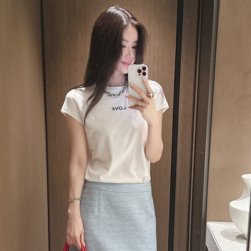 Partysu正品 韩国代购春简约随性百搭时尚甜美LOVE印花修身T恤