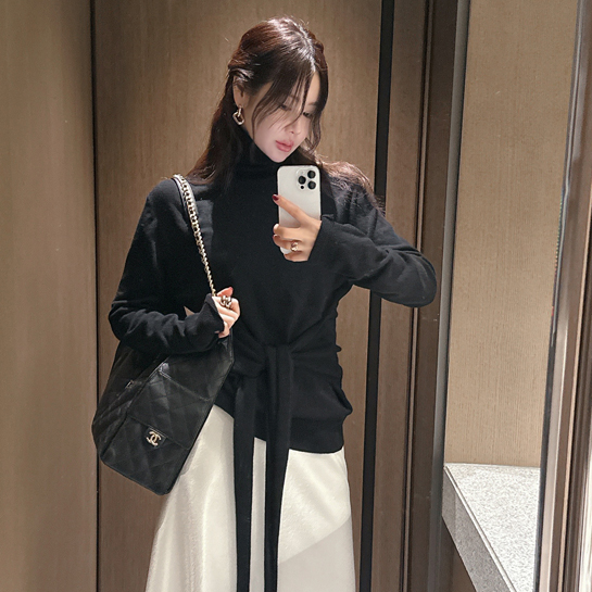 partysu韩国正品代购2025老钱风高领系带针织衫女长袖气质毛衣