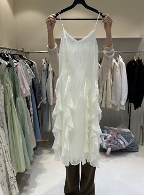 韩国正品代购 HER/PLAYLIST春季新款温柔淑女荷叶边V领吊带连衣裙