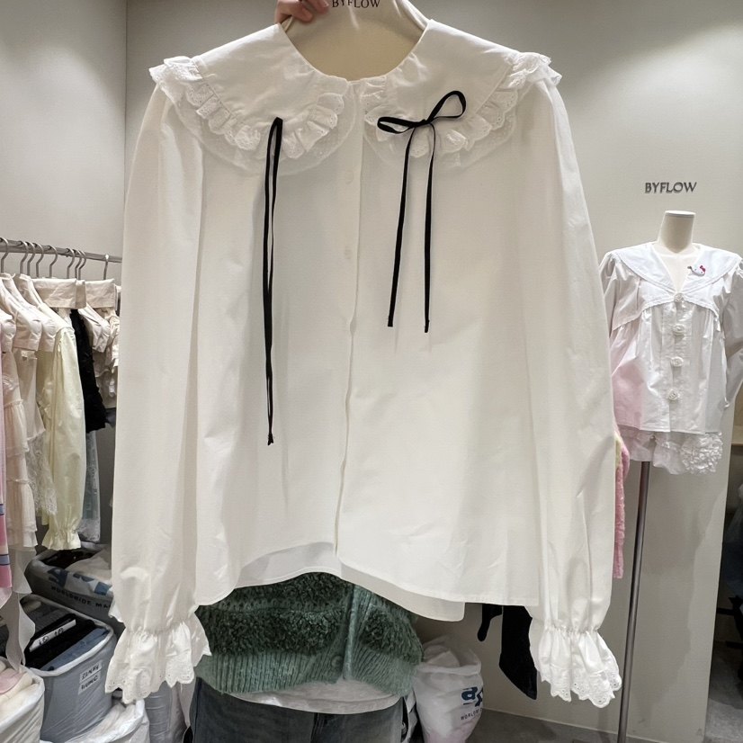 BY FLOW韩国正品代购2026娃娃领长袖衬衫女宽松花边优雅洋气上衣,女装/女士精品,衬衫,淘宝优惠券,粉丝福利购,淘宝优惠卷