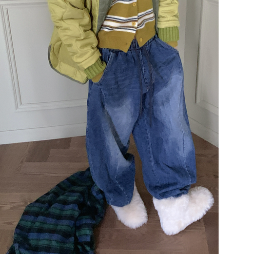 韩国正品代购2025新款高腰弯刀牛仔裤女宽松阔腿工装风抽绳长裤