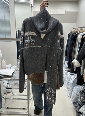 ASCEND韩国正品代购2025复古祖母风提花针织衫女宽松毛衣+围脖