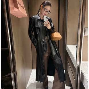 Partysu正品 韩国代购 帅气韩范儿男友风翻领双排扣长款皮衣外套