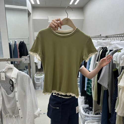 韩国正品代购 ASCEND春季新款休闲温柔花边假两件修身时尚T恤