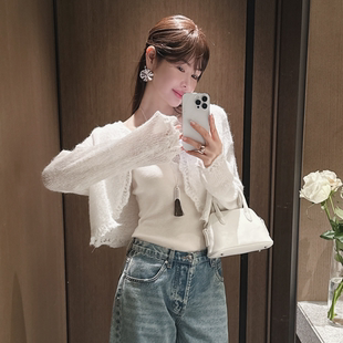 partysu韩国正品代购春慵懒风荷叶袖镂空针织衫女设计感毛衣开衫