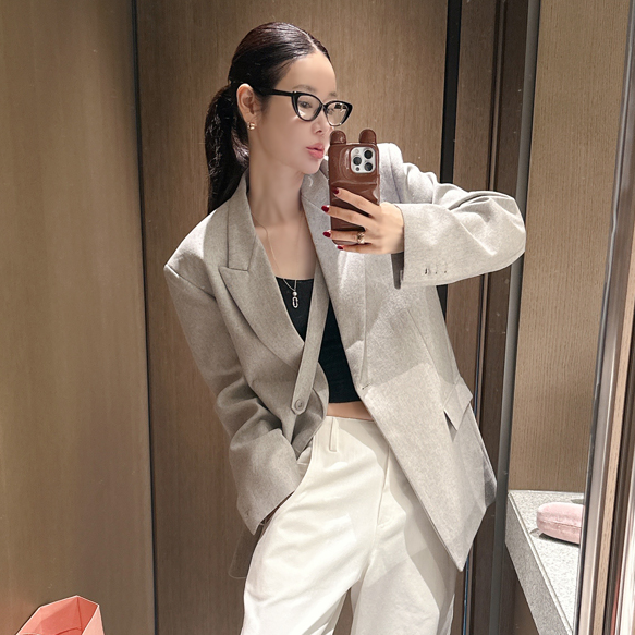 Partysu正品 韩国代购秋 大牌风设计感宽松休闲羊毛西装外套女