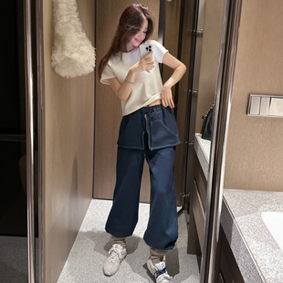 partysu韩国正品代购假两件设计高腰阔腿裤女直筒休闲裤宽松长裤