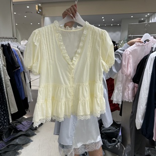 韩国正品代购 BENE春季新款泡泡袖收腰V领蕾丝花边温柔风减龄衬衫