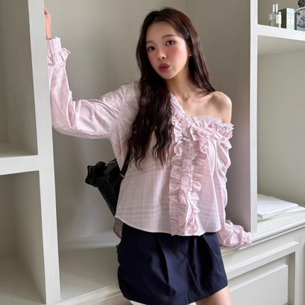 TEMPTING秋 韩国代购 简约通勤气质减龄V领宽松时尚甜美长袖衬衫