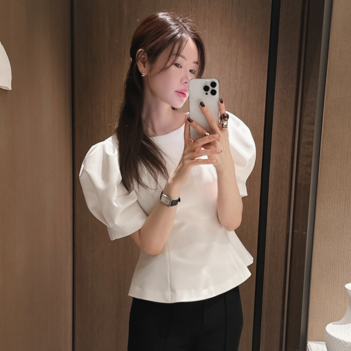 Partysu正品 韩国代购春温婉优雅气质泡泡袖收腰显瘦通勤百搭衬衫