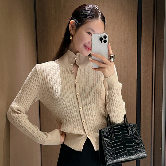 partysu韩国正品代购2025冬季新款时尚气质纯色圆领长袖针织开衫