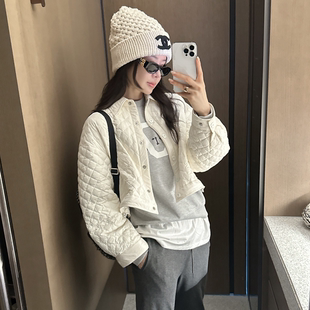 partysu韩国代购2025韩版时尚菱格短款棉服女宽松百搭棉衣