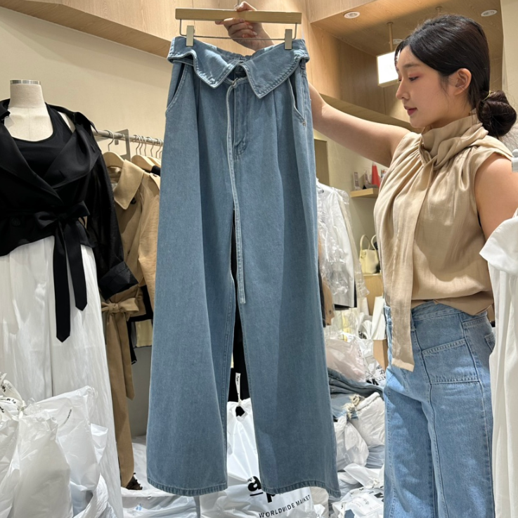 韩国正品代购春季新款腰部翻边系带宽松阔腿随性休闲牛仔裤