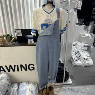 韩国正品代购 DRAWING夏季新款宽松简约细条纹休闲减龄背带长裤