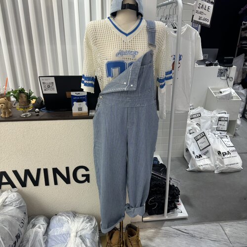 韩国正品代购 DRAWING夏季新款宽松简约细条纹休闲减龄背带长裤