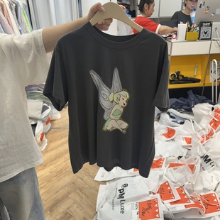 韩国正品代购 DE LINE夏款慵懒做旧小精灵印花休闲百搭减龄T恤