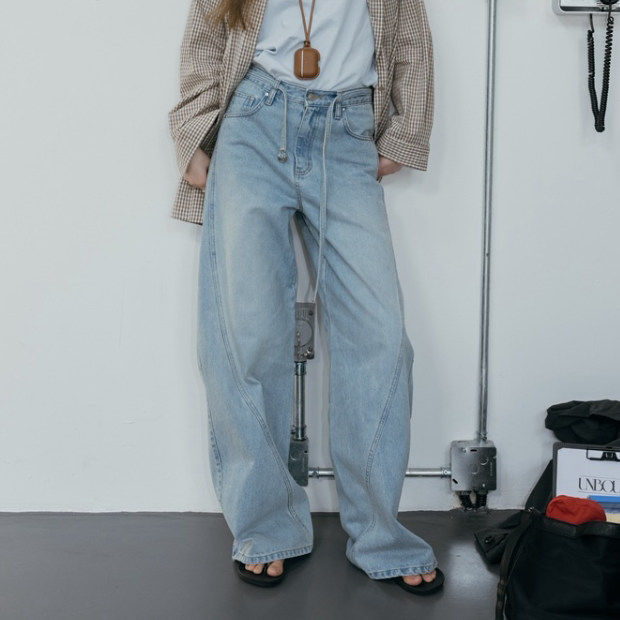 韩国正品代购春季新款休闲风系带阔腿牛仔裤女显瘦百搭长裤