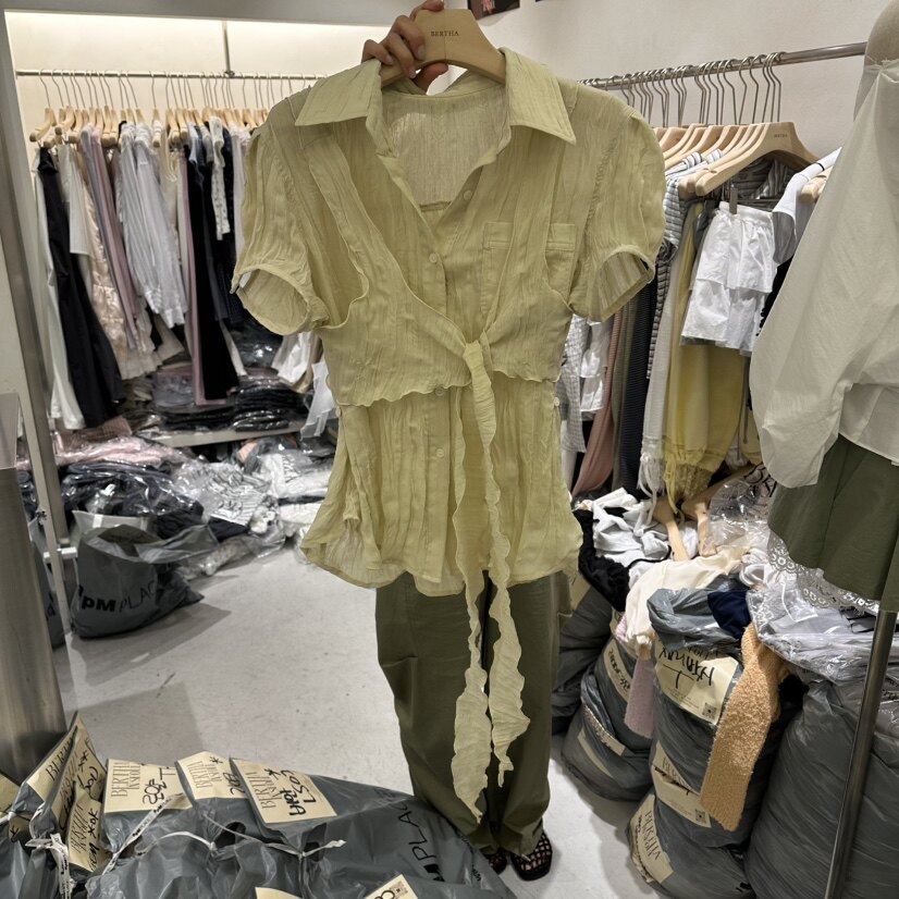 韩国正品代购 BERTHA夏季新款韩系简洁肌理褶皱气质翻领短袖衬衫图片