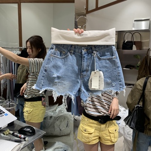 韩国正品代购 TEMPTING春季新款辣妹热裤做旧撕边个性牛仔短裤