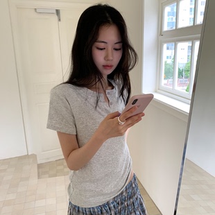 韩国正品代购夏款 简约松弛百搭显瘦修身基础款半开扣短袖T恤
