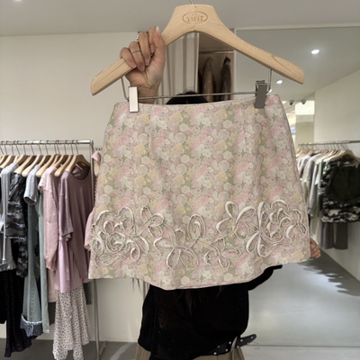 韩国正品代购 VAULT春季新款温柔淡雅花纹高腰A字显瘦包臀半身裙