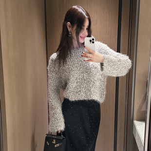 partysu韩国正品代购2025温柔慵懒风圆领长袖针织衫女宽松毛衣