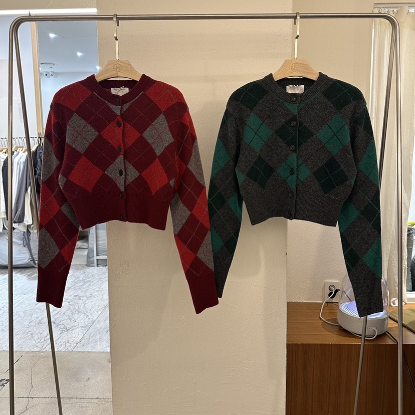 BPLAN韩国正品代购2025复古菱格圆领针织开衫女短款撞色毛衣