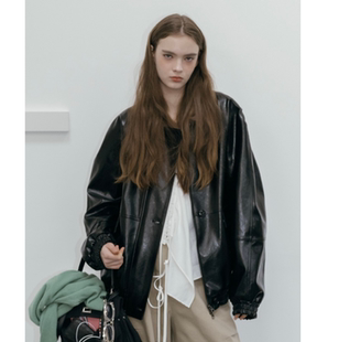 韩国正品代购春季新款宽松翻领皮衣女廓形夹克外套百搭上衣