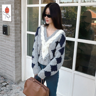 partysu韩国正品代购2025新款菱格纹V领针织毛衣女设计感撞色上衣