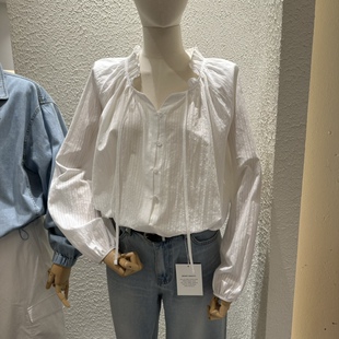 韩国正品 BLUEI 新款 学院风花边小立领系带衬衫 SHARP春季 代购