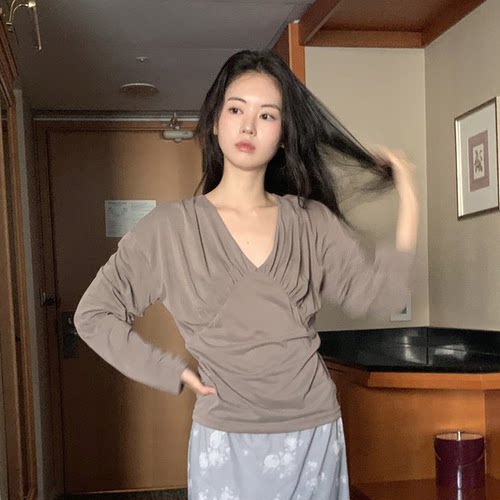 Daily韩国正品代购 韩系V领褶皱宽松长袖简约百搭通勤淑女风T恤