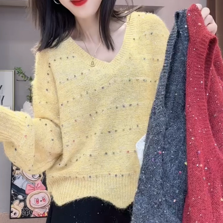 慵懒风百搭V领亮片针织衫女2025秋冬新款宽松显瘦减龄糖果色毛衣