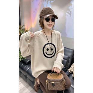 韩系温柔风笑脸圆领针织毛衣女宽松显瘦减龄百搭套头衫针织秋装潮