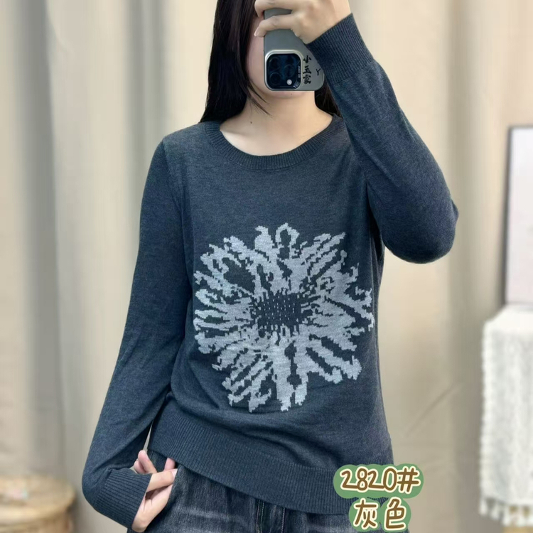 复古风提花圆领长袖针织衫女2025秋冬新款百搭宽松显瘦软糯上衣潮