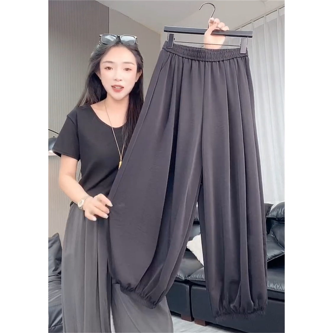 夏季高腰显瘦松紧九分阔腿裤