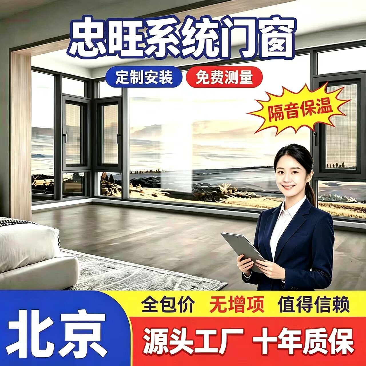 忠旺85隔音系统窗断桥铝门窗实德海螺80系统门窗封阳台阳光房定制
