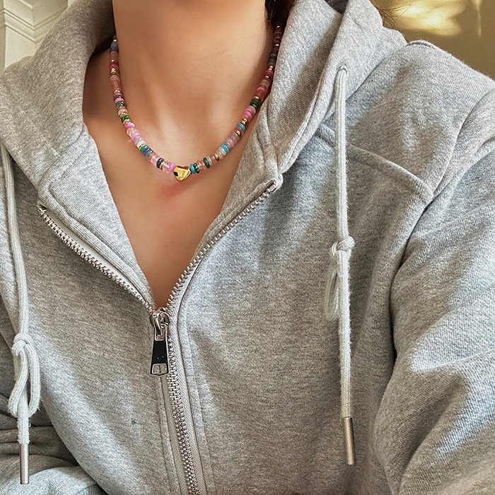 Duo La原创小众设计彩色天然石爱心项链女轻奢chorker钛钢锁骨链