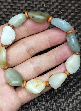 新疆和田玉籽料手串无修白肉青白肉青花手链00653