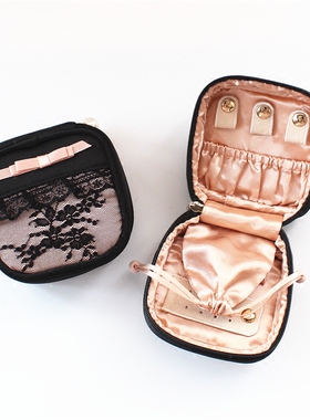 黑色蕾丝花边布艺首饰盒旅行便携迷你方首饰盒戒指耳钉项链收纳包