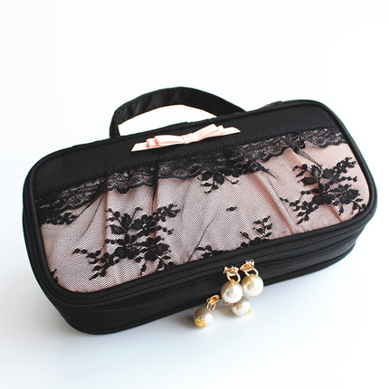 新品黑色蕾丝花边布艺双层手提化妆包旅行便携大容量多功能首饰收