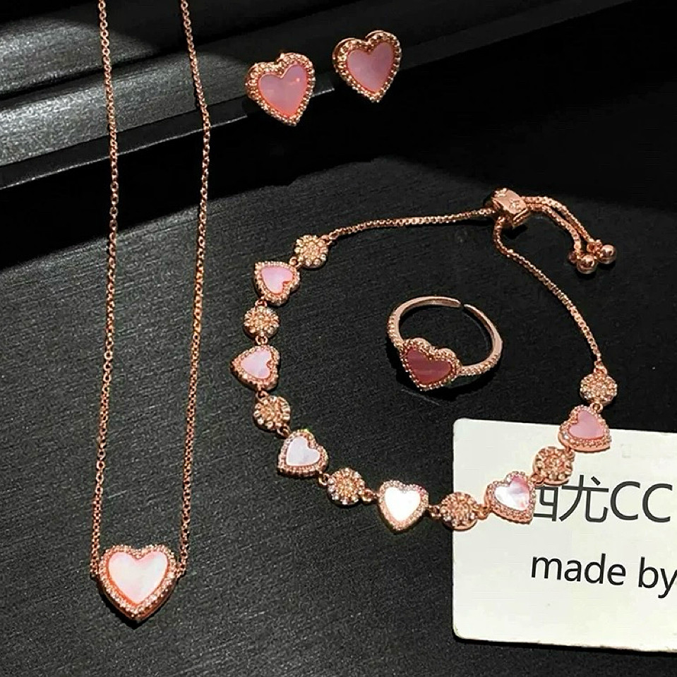 粉色爱心贝母耳钉纯银小众玫瑰金