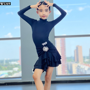 儿童拉丁舞服女童秋冬新款长袖分体套装专业练功训练表演服舞蹈裙