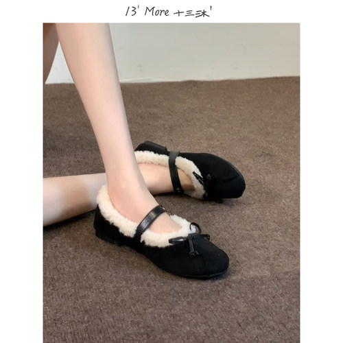 13' More ▏十三沐＇复古毛绒玛丽珍鞋女平底一字带蝴蝶结舒适