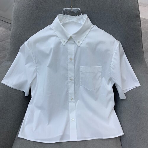 Th新品女装 气质简约白衬衣棉质混纺宽松短袖衬衫 O0104524