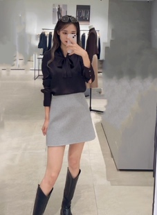 Th秋冬女装手工缝制双面呢羊毛羊绒高腰A字迷你半身短裙 N0701307